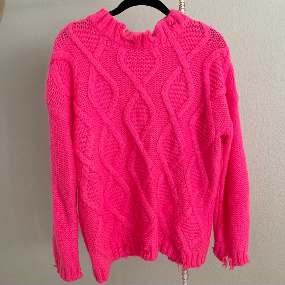 Neon Pink Distressed Cable Knit Sweater